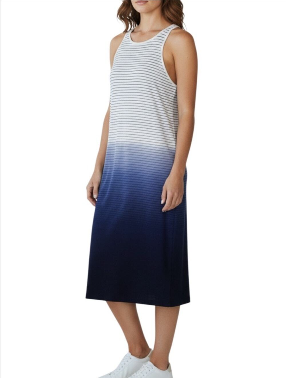 Athleta Midi Tank Dress S Blue White Ombre Stripe Racerback Knit Sleeveless